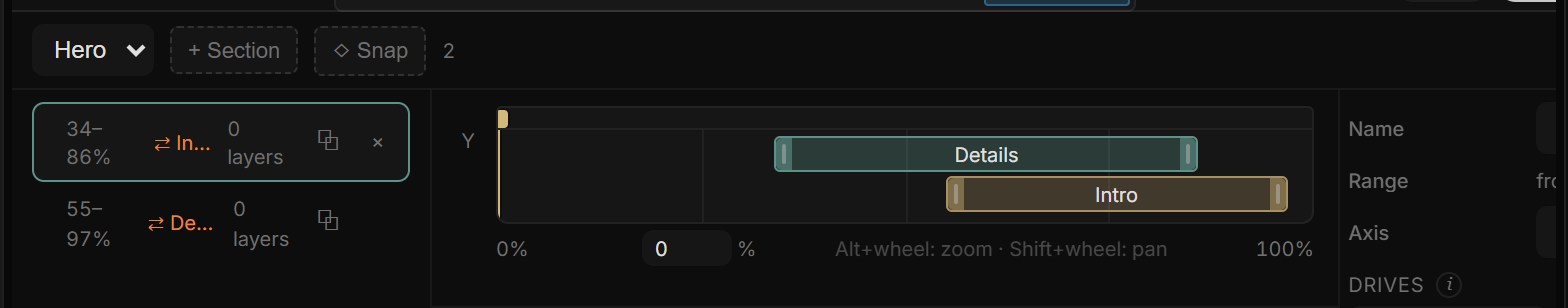 The Add an interaction panel: a "Link to another layer" picker and recipes grouped as Pointer, Scroll, Motion, and Sequence & flags