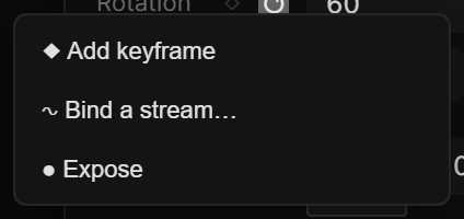 Right-clicking the Rotation badge: the menu with Add keyframe, Bind a stream…, Expose