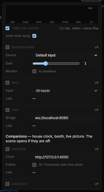 The Inputs popover with the meters moving while the clip plays