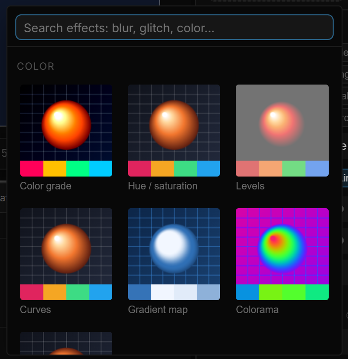 The effect catalog: a search field and preview cards grouped by category, each card showing the effect applied to the same test sphere