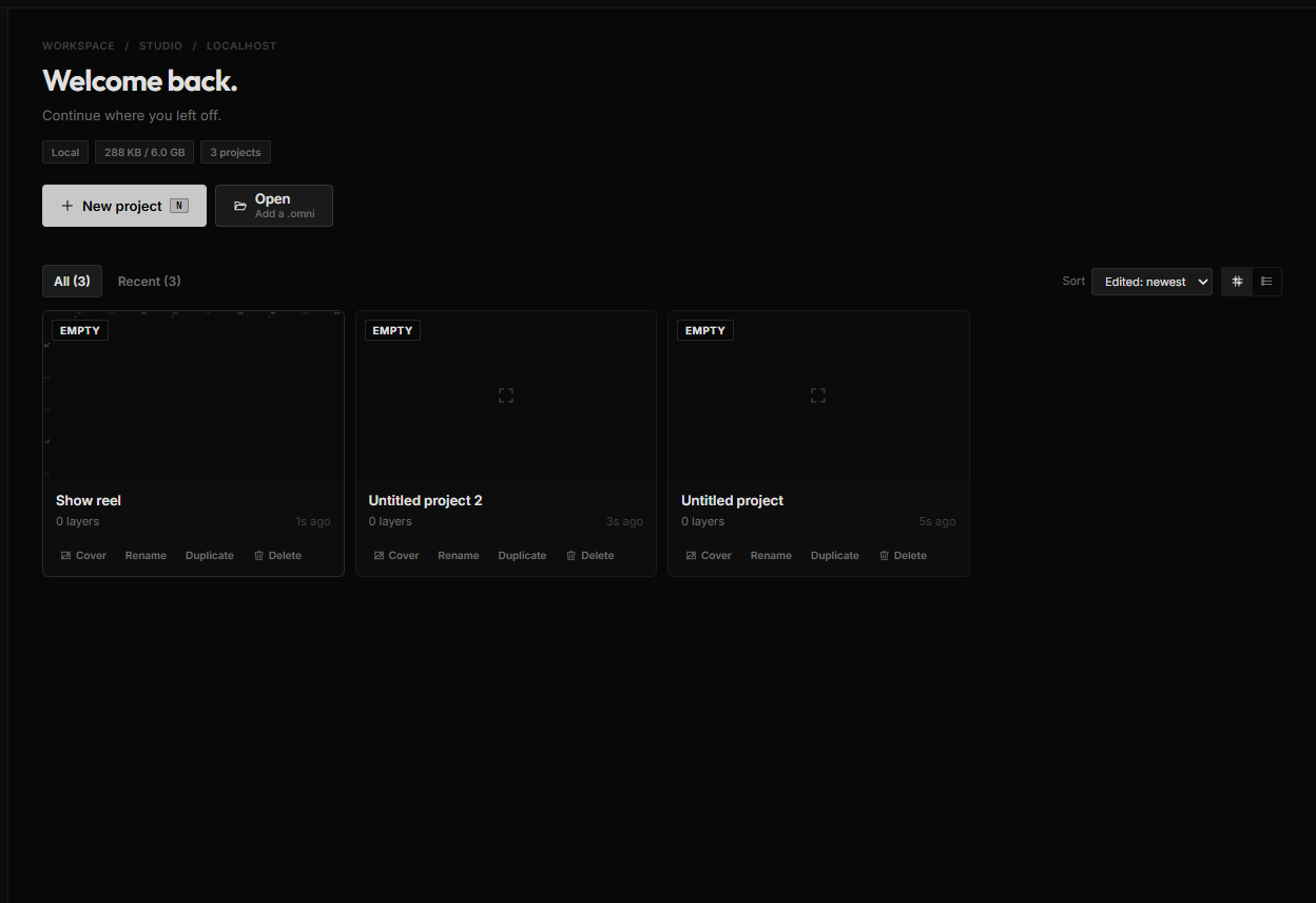 The Projects screen: search, Import and New project in the top bar, then the project library