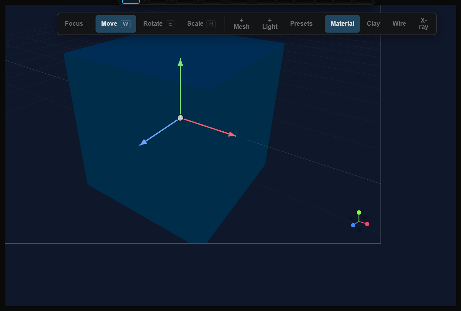 A 3D scene inside an artboard with the canvas toolbar above it: Focus, Move, Rotate, Scale, + Mesh, + Light, Presets