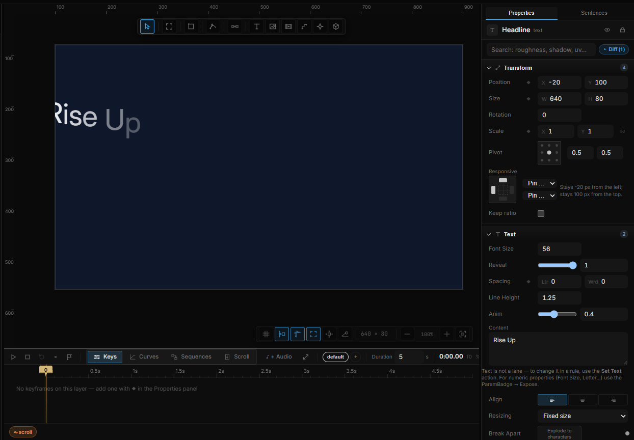 The Text section with Animate set to Letter, Preset Rise Up, Anim at 0.4