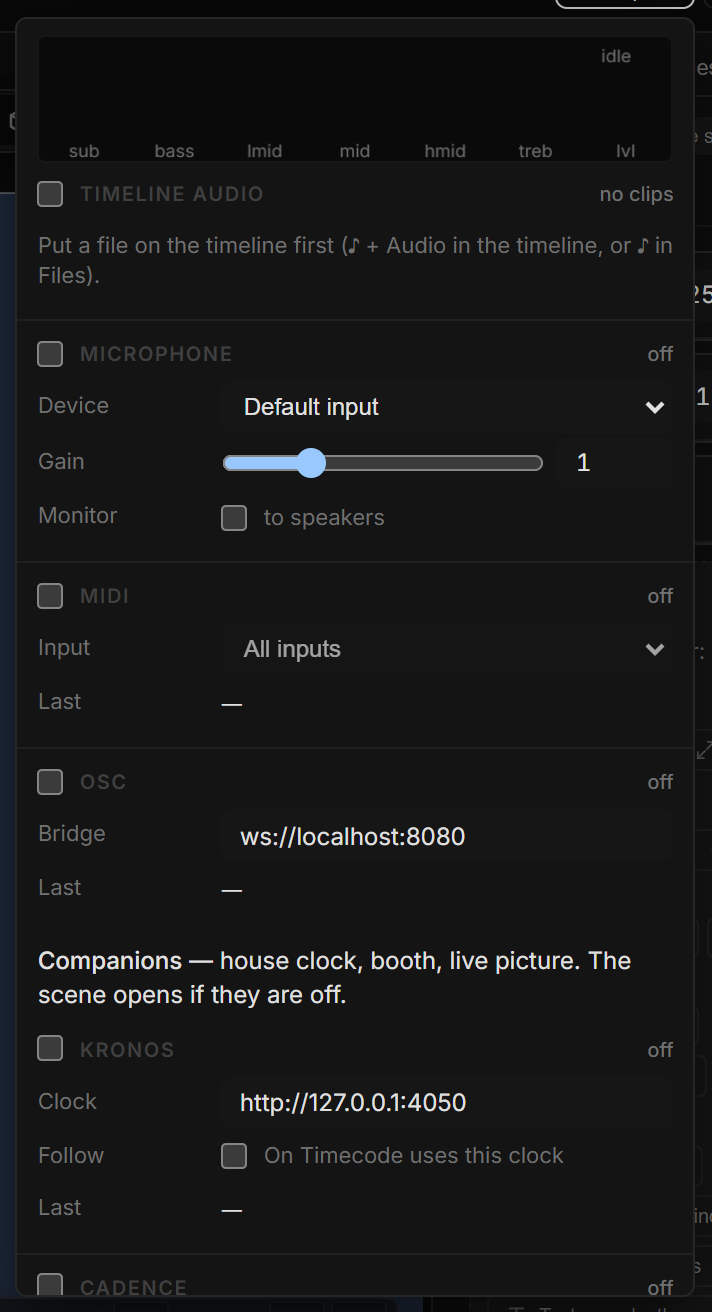 The Inputs popover with MIDI on and one device, and OSC connected to a bridge