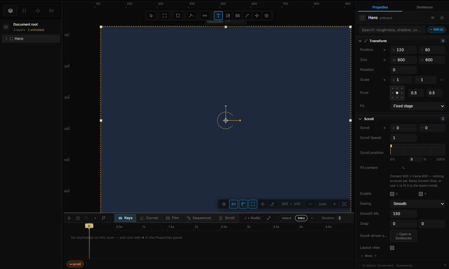 Play mode: the banner across the top of the canvas, one artboard live while the rest of the editor stays visible