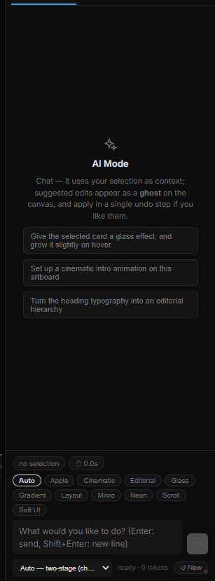 The AI tab in the right rail, empty: the AI Mode title, the note about context, and three example prompts