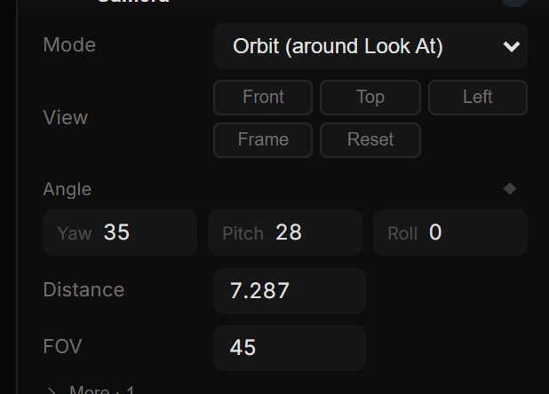 The Camera section: Mode, the View strip, Angle, Distance, FOV