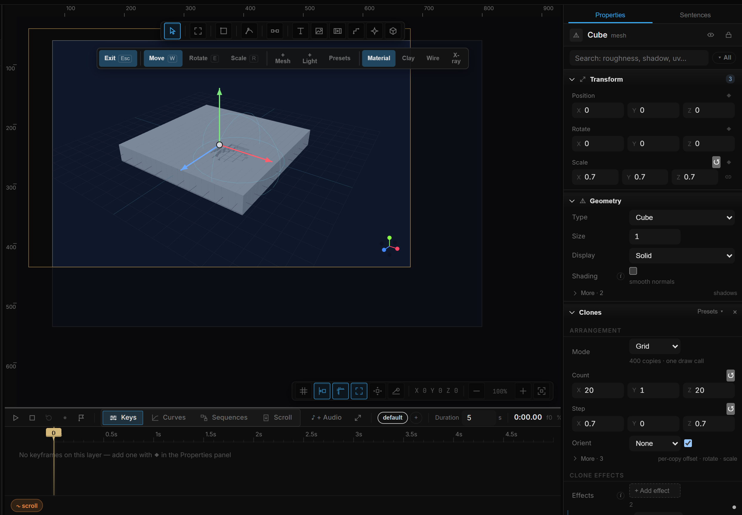 An open Push / pull effect: Push, Source: Mouse, Area: Sphere with Show area on; the sphere wireframe on the canvas around the cursor