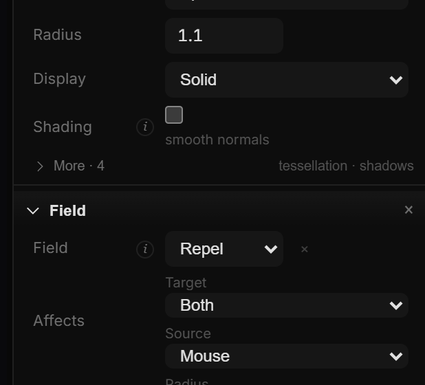 A finely subdivided sphere dented by the cursor; the Field section shows Repel, Target Both, Source Mouse