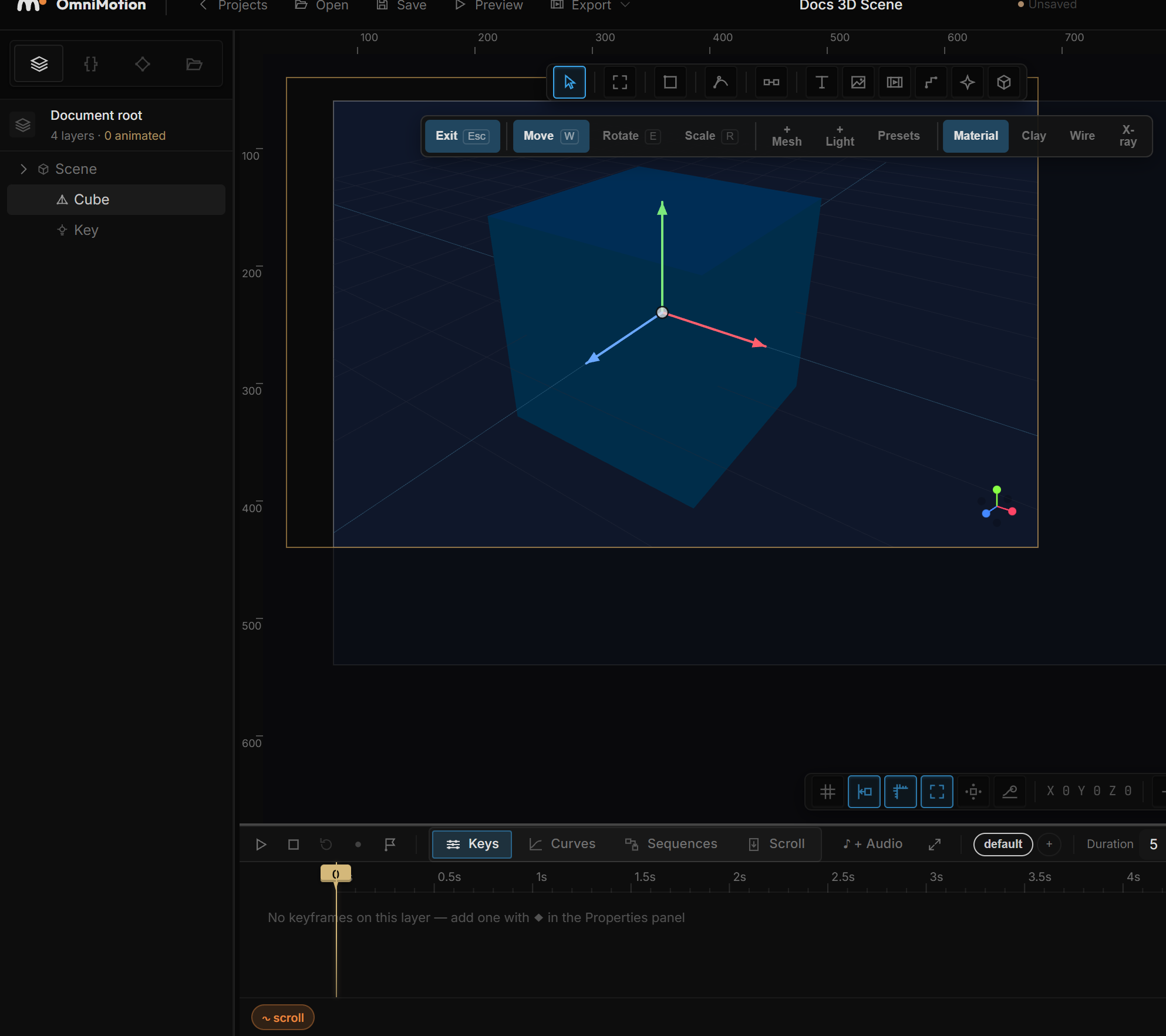 Focus mode: the scene fitted to the canvas with the rest of the artboard dimmed; the toolbar shows Exit Esc; the layer tree rooted at the scene