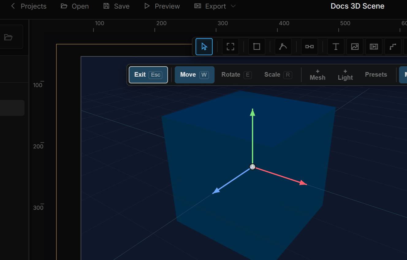 A selected cube with the Move gizmo: three colored axis handles and a center handle
