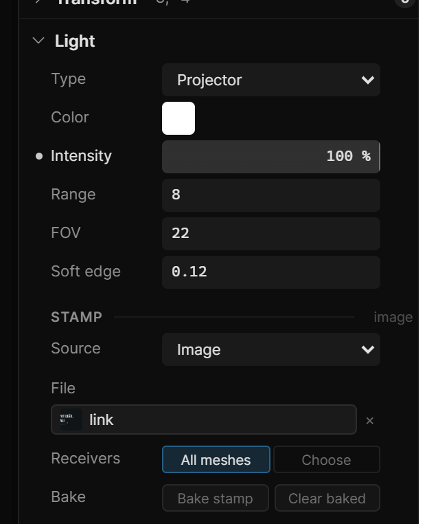 The Light section of a Projector: Intensity, Range, FOV, Soft edge, Stamp source Image, Receivers All meshes, Bake stamp and Clear baked