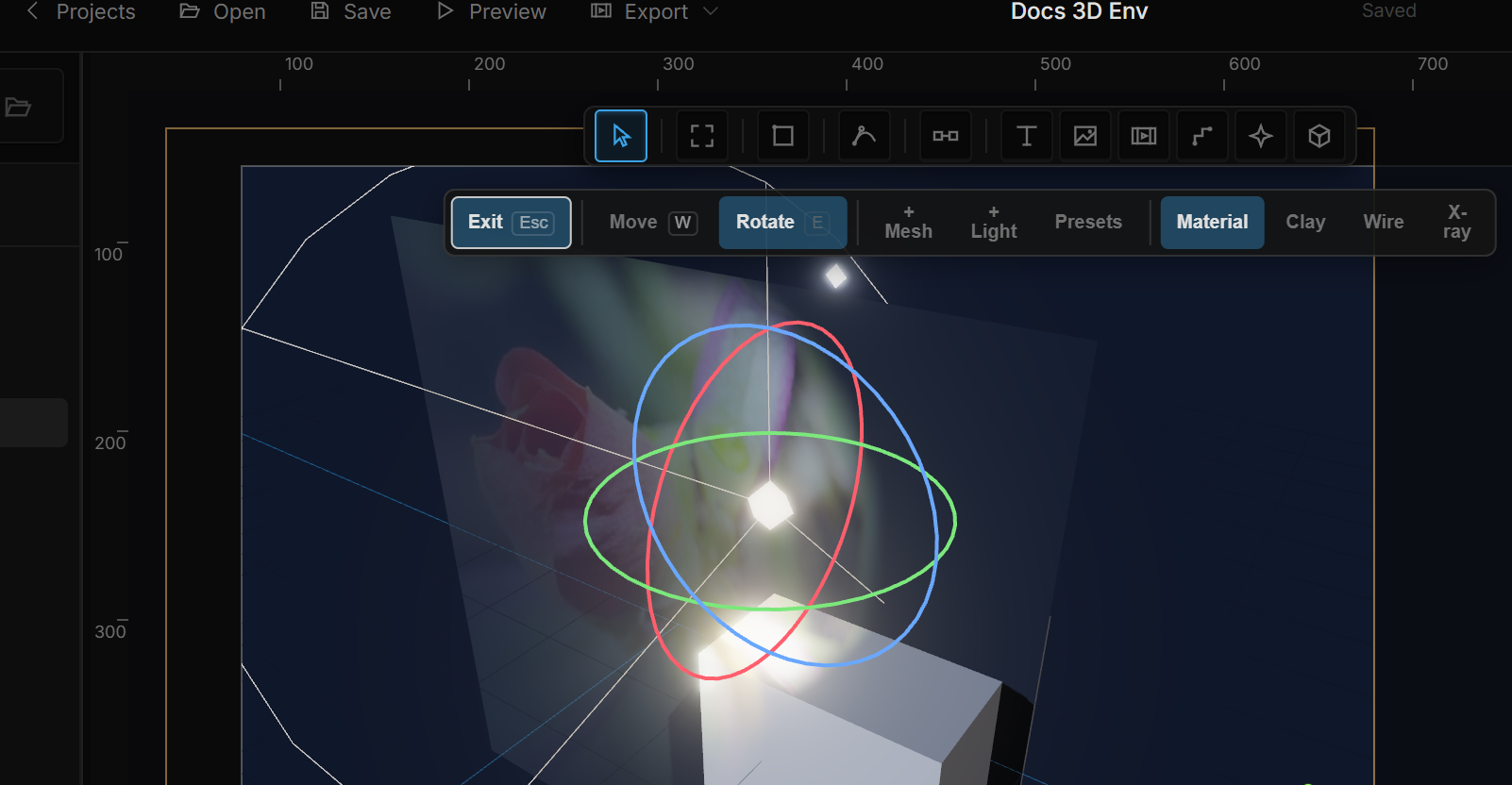 A scene lit by the Three-point preset, the key spot selected with its Rotate gizmo