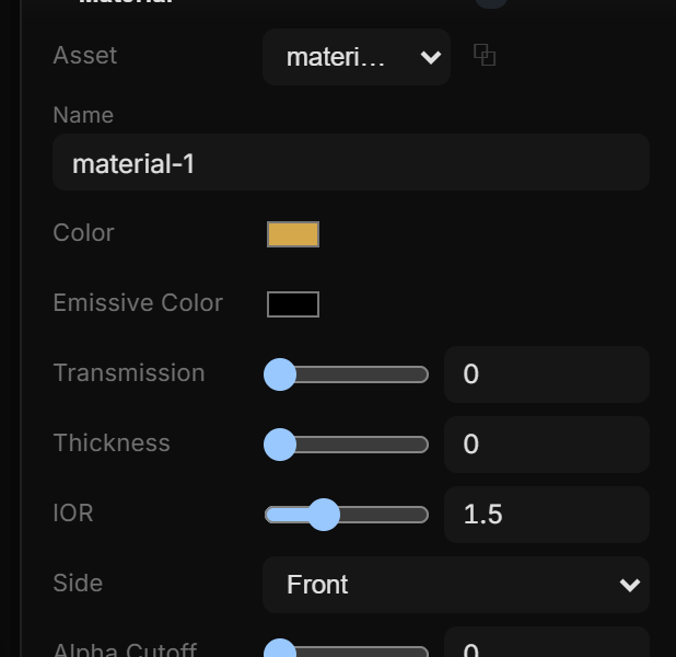 The Material section: Asset, Name, Color, Emissive Color, Transmission, Thickness, IOR, Side, Alpha Cutoff, then Surface