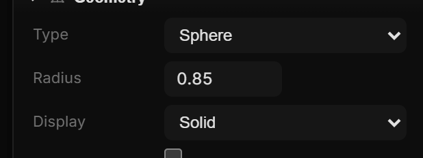 The Geometry section of a selected sphere: Type, Radius, Display, More