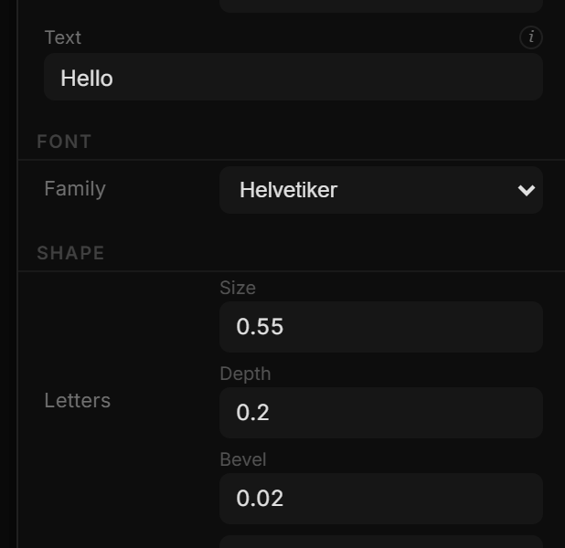 3D text "Hello" with Font: Bebas Neue and the Shape row Size · Depth · Bevel