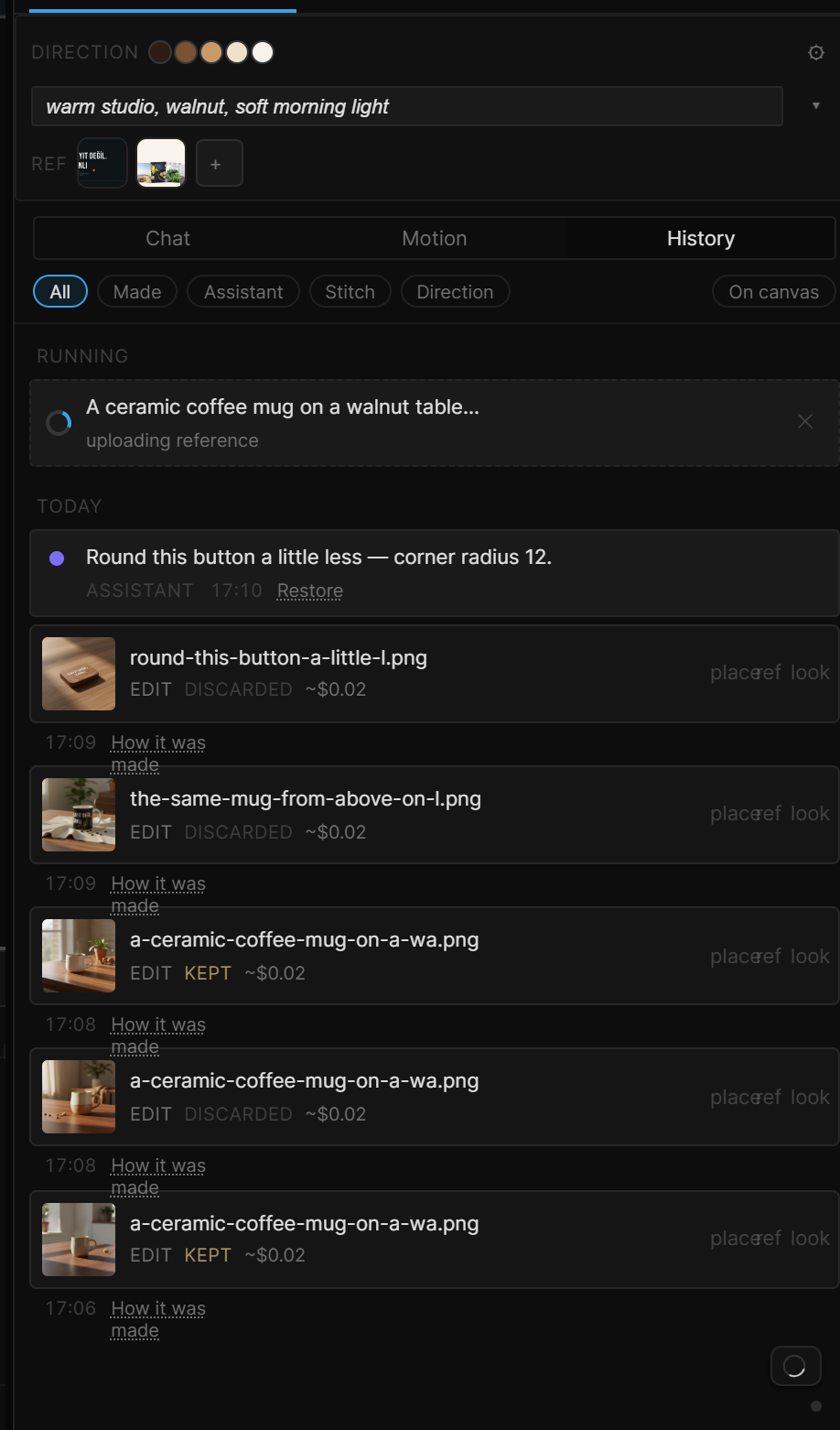 History › All: a running job with its progress, then today's items — an assistant turn with Restore and generated images with How it was made