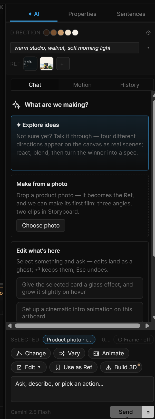 The ✦ AI tab with an image selected: Direction (Look sentence, palette, two Refs) at the top, Chat · Motion · History, the start screen, and the action chips above the text box