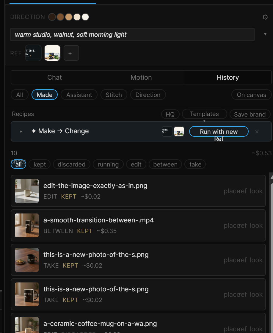 The Recipes strip above History › Made: a recipe card with Run with new Ref, and HQ, Templates ▾ and Save brand