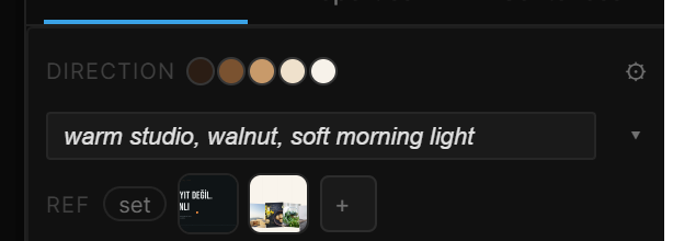 The Direction row: Look sentence, palette dots, and two product photos in Ref with the set badge