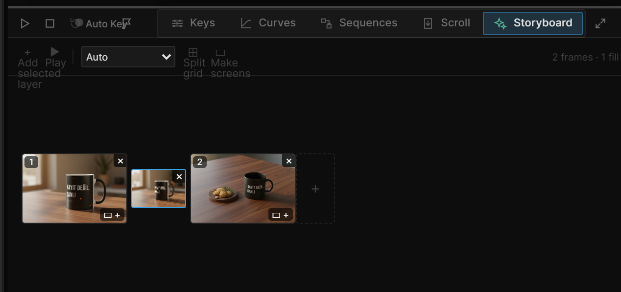 The Storyboard row with two frames and a ✦ fill clip between them