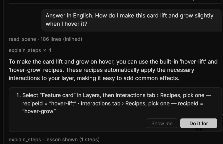 Show me how: the answer and a lesson card with its steps, Show me and Do it for me