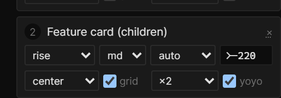 A beat card: title "cards · Card 1, Card 2, Card 3 (children)", the Entrance, Duration, Easing and Start fields, and the wave, grid, repeat and yoyo row