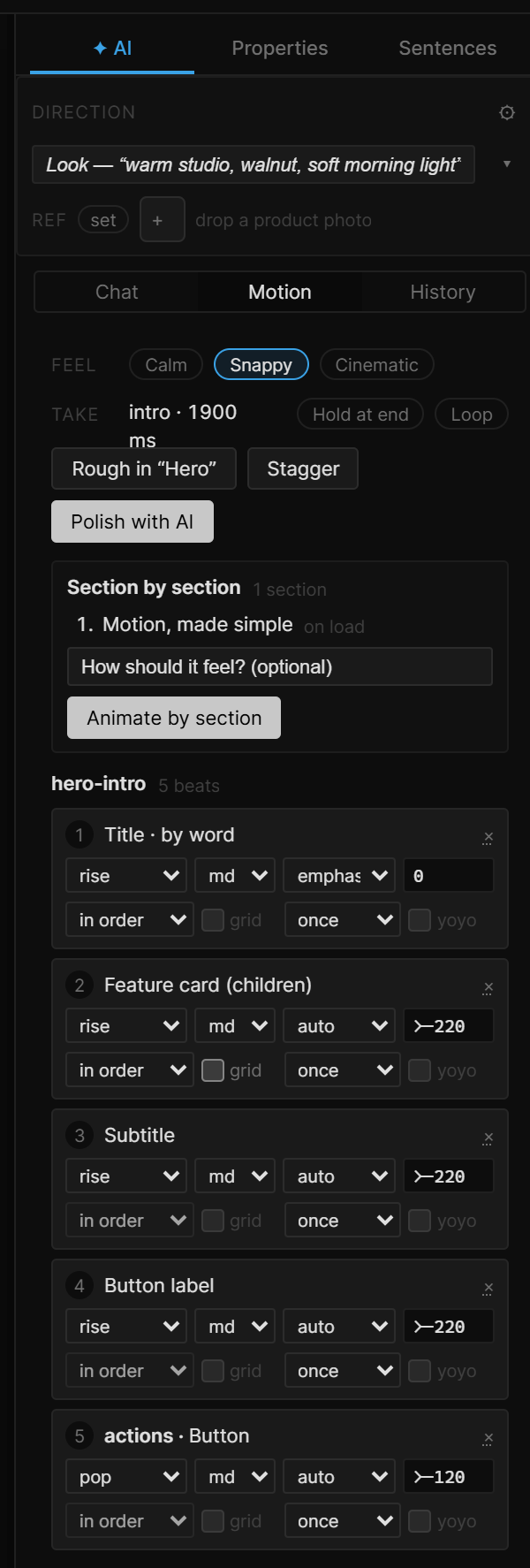 The Motion tab: Feel row, Take row with Hold at end and Loop, the Rough in / Stagger / Polish with AI buttons, Section by section, and two beat cards