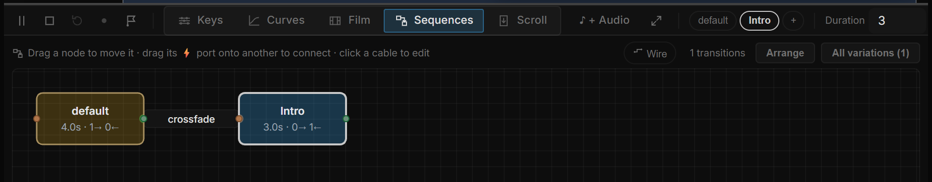 The Sequences graph: default and Intro as nodes with ports, connected by a dashed Crossfade cable, the transition editor open on the right