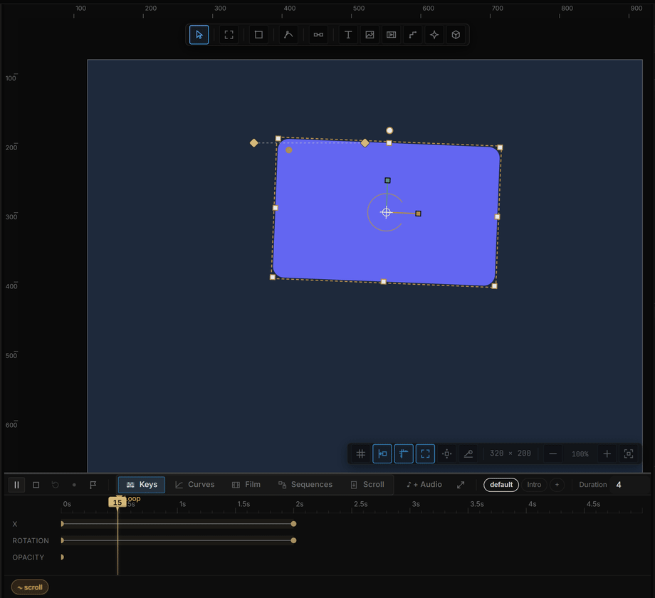 Adding a keyframe at 0s, moving the playhead, scrubbing X to a new value, adding a second keyframe, then playing back — the rectangle slides across while the playhead sweeps