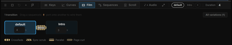 Clicking +, naming the new sequence "Intro", and switching back to default — the dopesheet swaps its contents with the chip