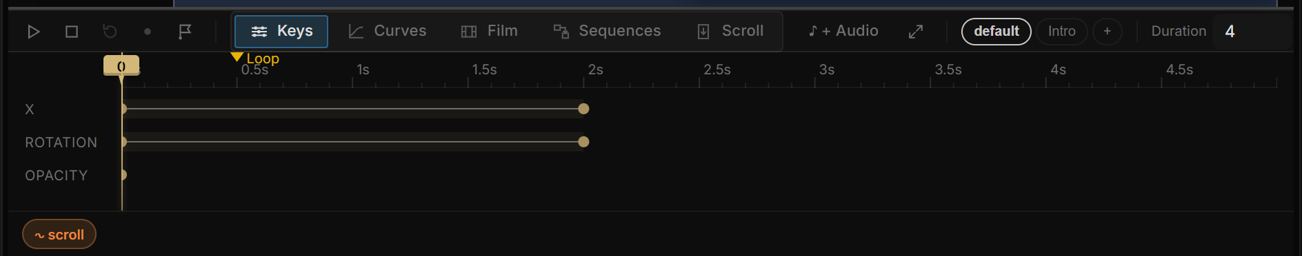 The timeline transport: play, stop, reset, Auto Key, flag, the view tabs, the sequence chips and +, Duration, Motion and the timecode readout