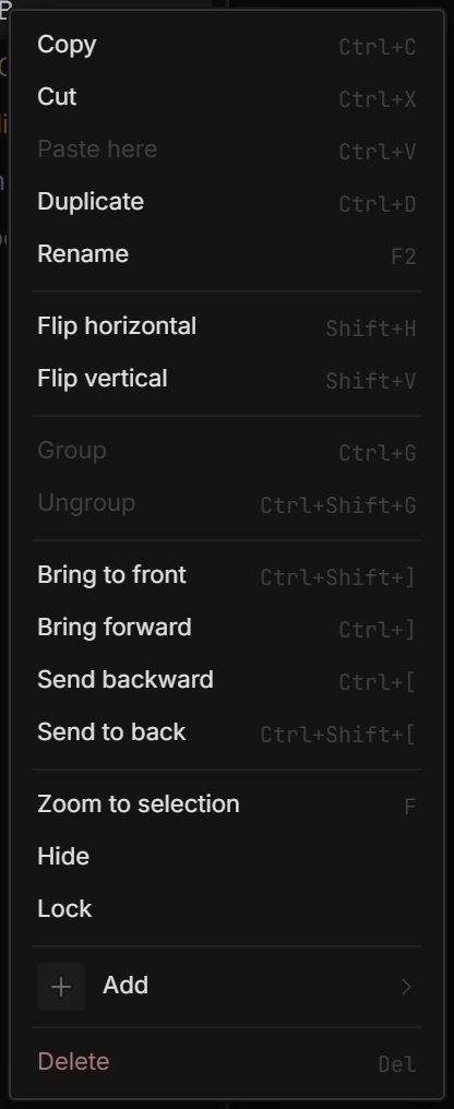 The layer context menu: the layer's name as a title, clipboard items, Copy / Paste as, structure, component, Arrange, Align, Transform, visibility, Add and Delete