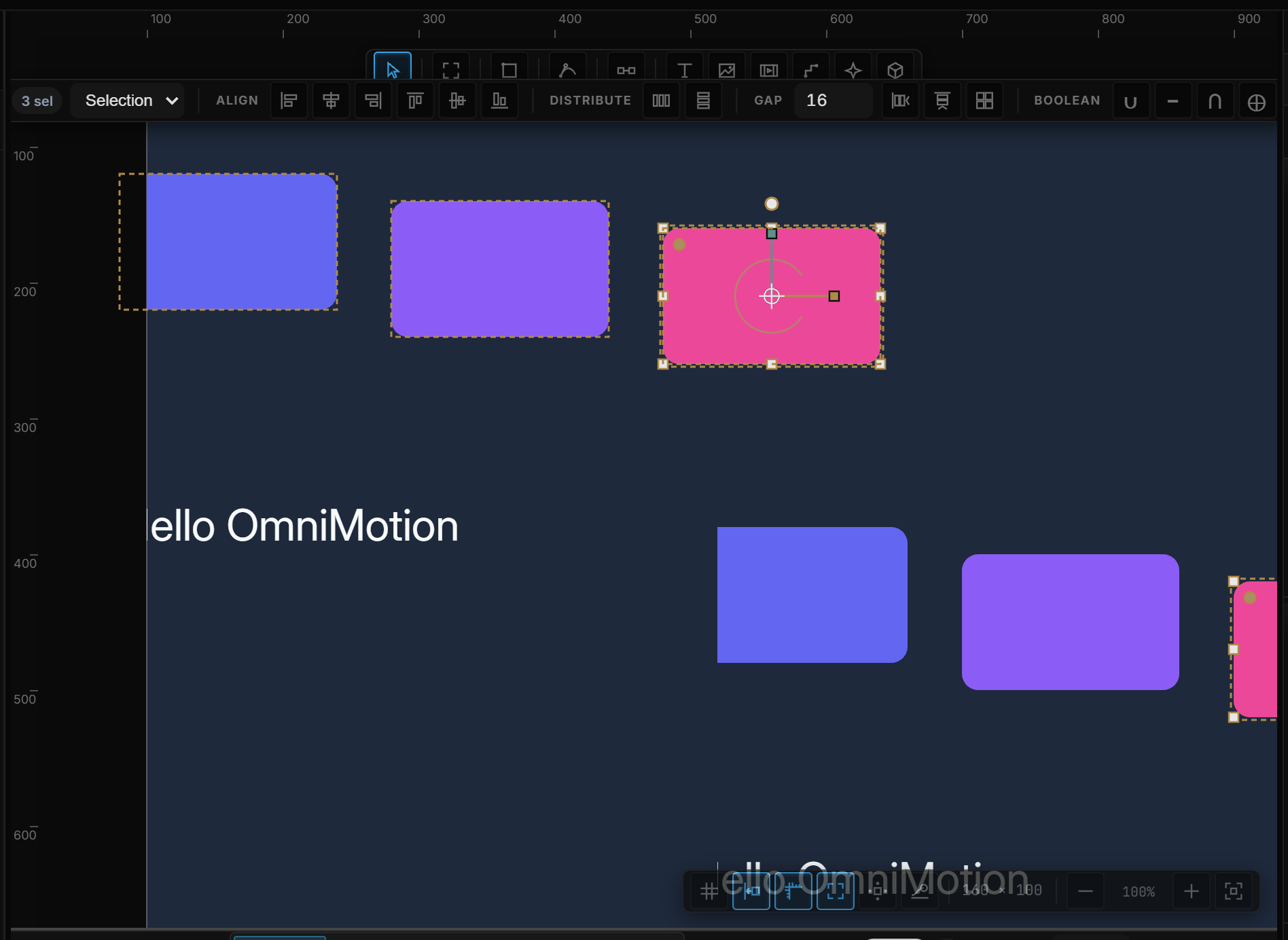 Three layers selected: dashed outlines on each, and the arrange group in the tool strip with Align, Distribute, Gap and Boolean