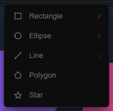 Shape flyout: Rectangle (R), Ellipse (E), Line (L), Pen (P), Polygon, Star