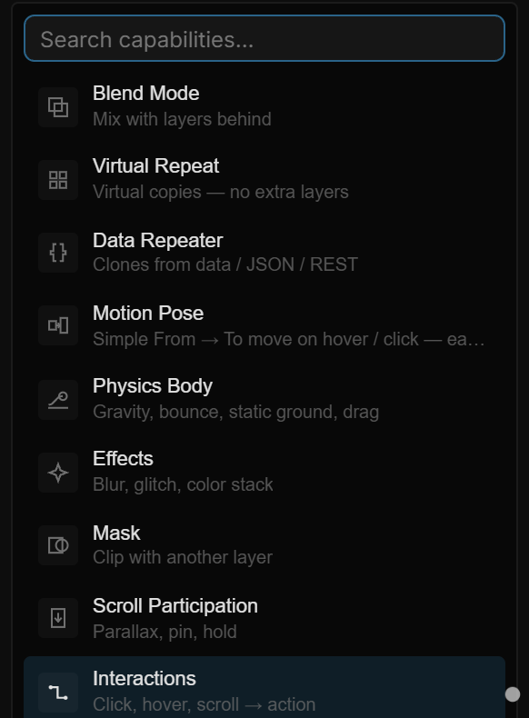 The Add capability list opening upwards: a search field, then Layout Grid, Layout, Cascade, Blend, Drop Shadow, Layer Blur, Background Blur, Virtual Repeat and more, each with a hint