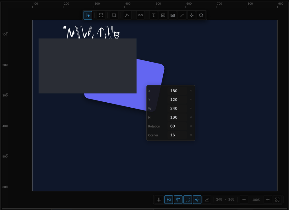 Pressing Tab floats a stack of parameter chips beside the selected rectangle; dragging the X chip moves the shape