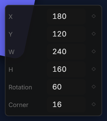 The halo chips: X, Y, W, H, Rotation and Scale X next to the selected layer