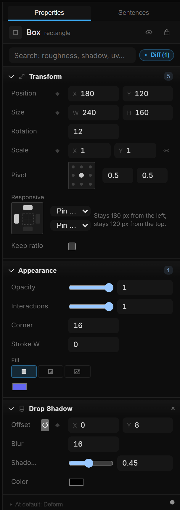The Properties panel: layer header with eye and lock, the Design / Motion switch, Search properties, the Changed filter, the All · Layout · Shape · Style · Behavior tabs, the Transform section and the Add capability bar at the bottom