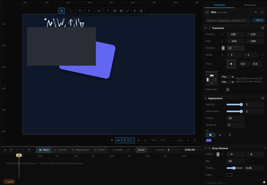 Scrubbing the Rotation field: dragging right spins the rectangle on the canvas in real time