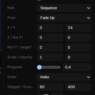 The Cascade section: Rule, From preset, the custom from fields, Progress, Order, Stagger / Duration and Easing