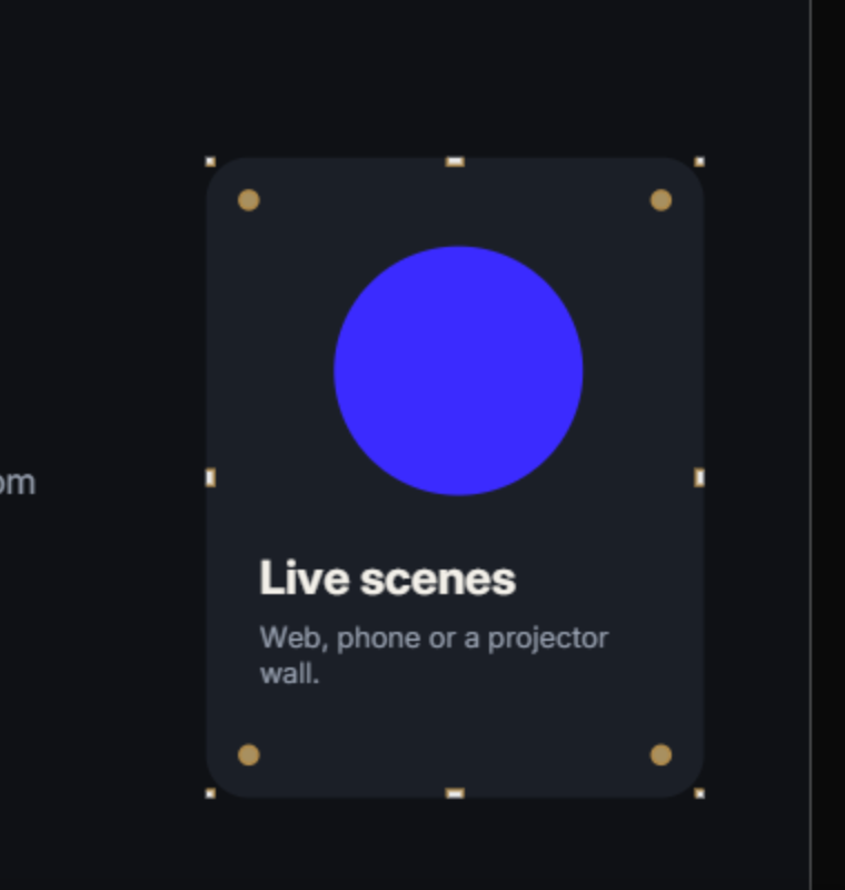 Design handles on a selected card: eight resize handles and a corner-radius dot in each corner — no pivot in the middle