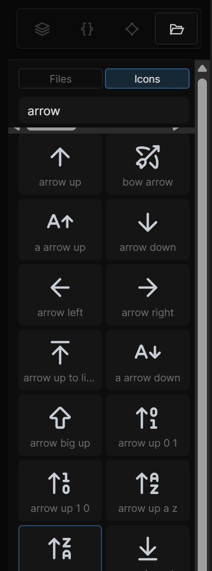 The Icons face of the Files tab: the search field, the icon set chips and a grid of results