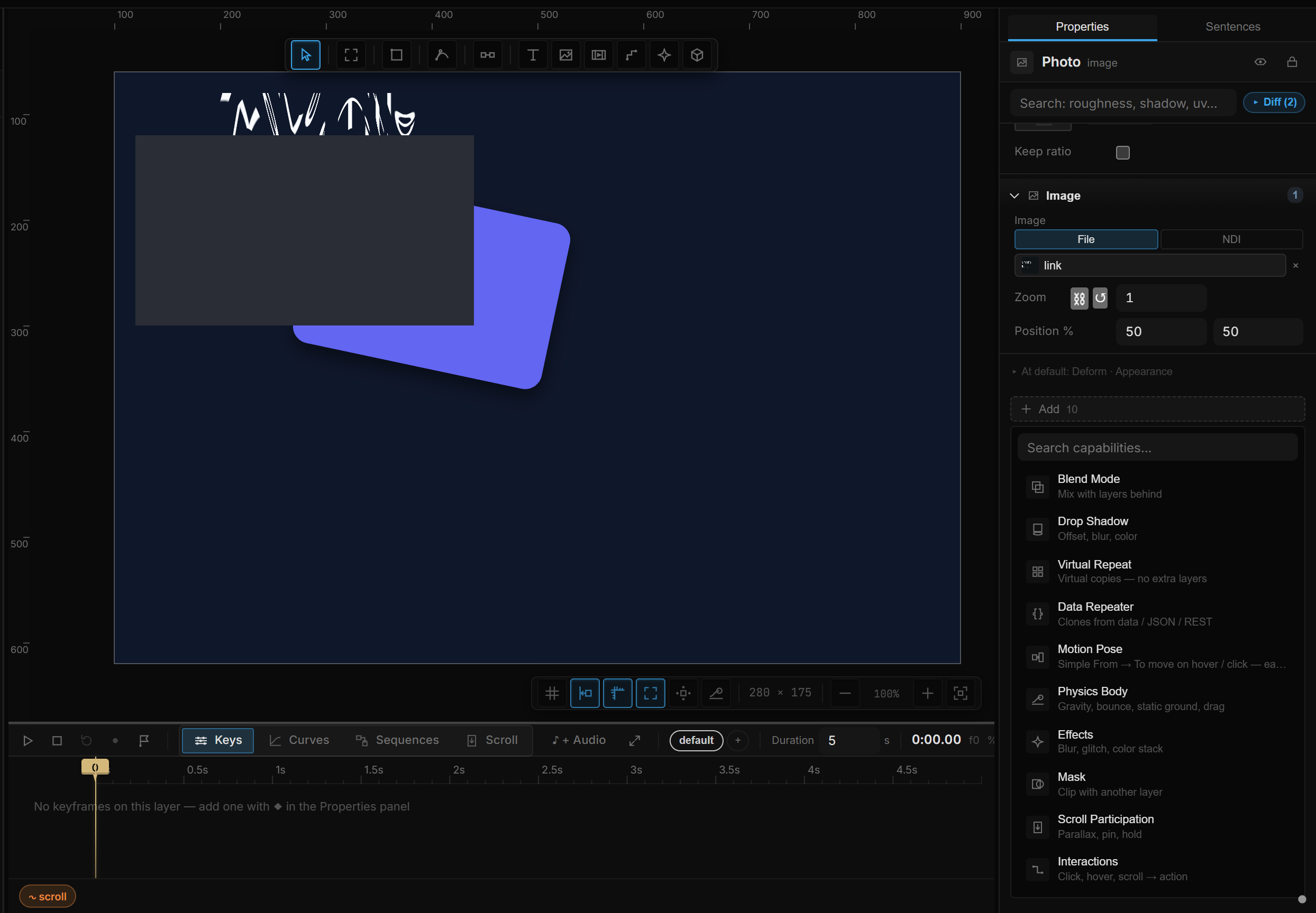 An image dropped on the canvas, selected, with the Image section open showing the source and crop rows
