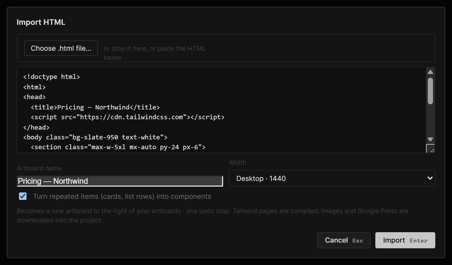 The Import HTML dialog: file picker, pasted code, Artboard name, Width, the components checkbox
