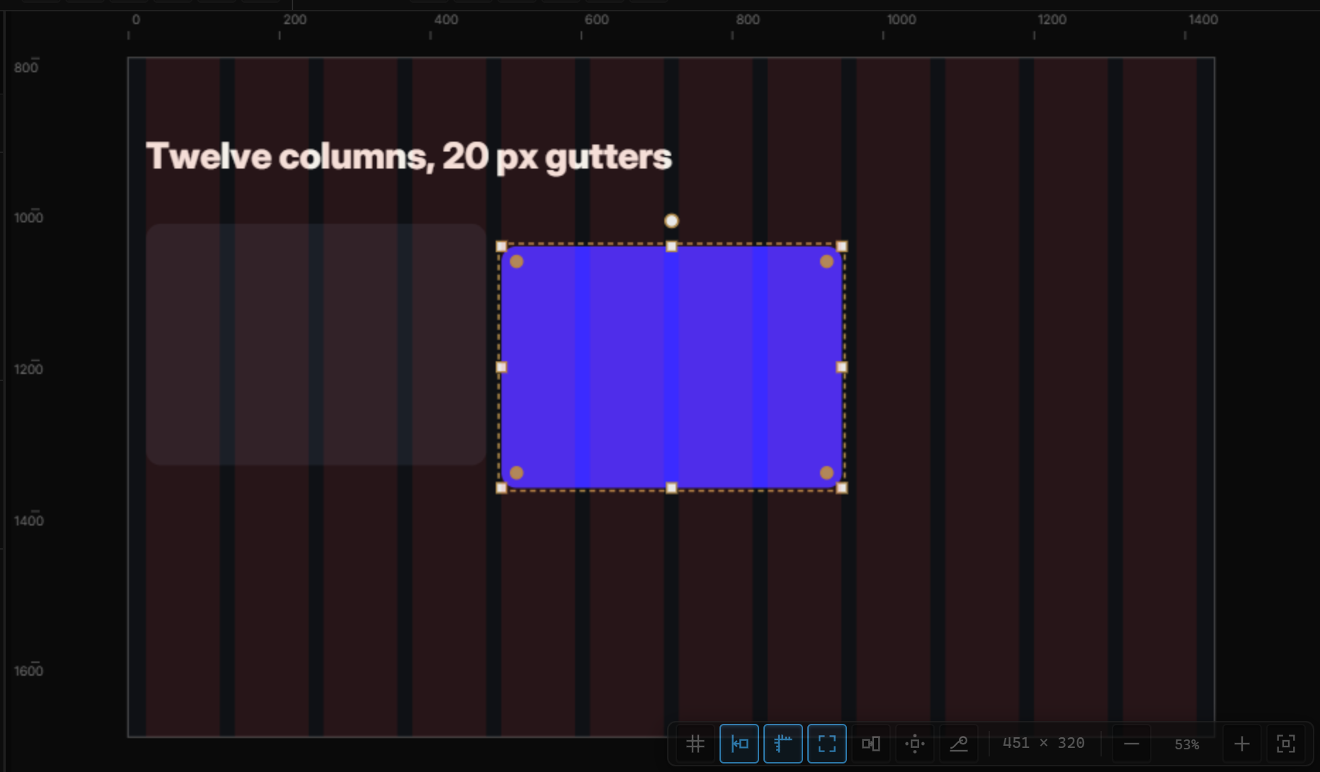 A 1440-wide page with the default 12-column layout grid (gutter 20, margin 24): tinted columns over the design, a card spanning four columns selected