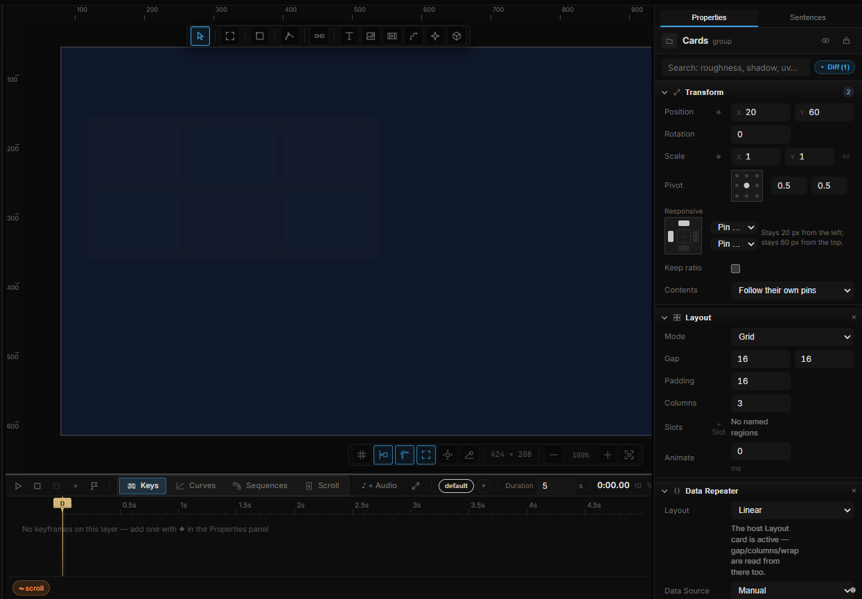 A group with Layout set to Grid, three columns, and the Layout section showing Mode, Gap, Padding and Columns
