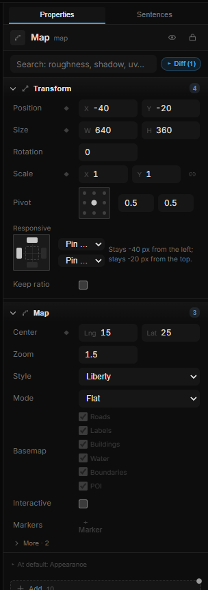 Three markers listed under the map: name, coordinates, color and an icon URL field on each