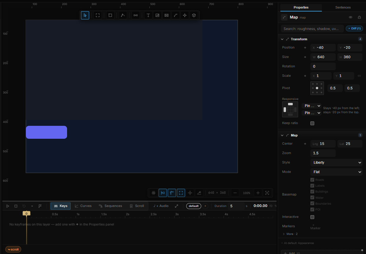 A map layer on an artboard with the Map section open: Style, Mode, Basemap toggles, Center and Zoom