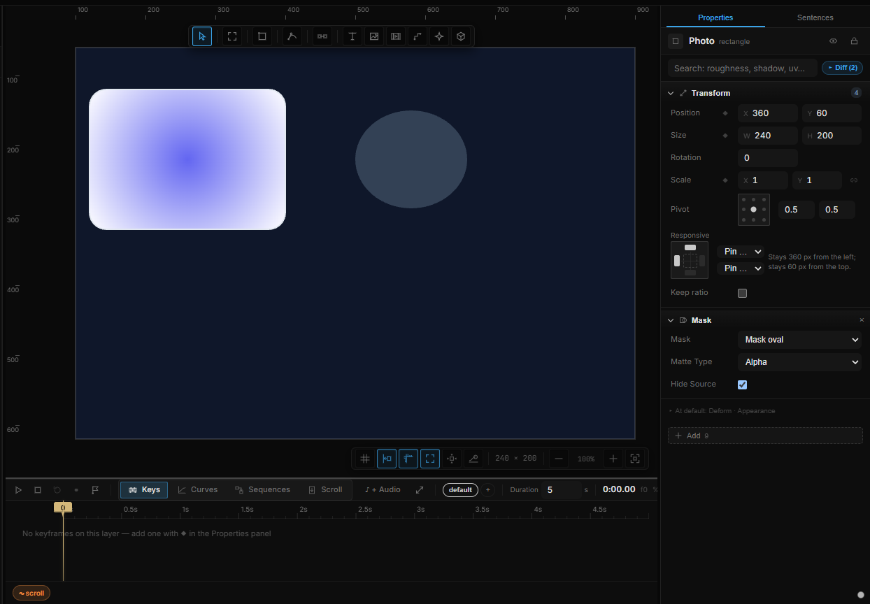 A photo masked by a rotated ellipse with Hide Source on; the Mask section shows Alpha and the picked layer